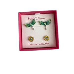 Betsey Johnson Stud Earrings Set 2 Pairs Dragonfly & Flower Green Crystal